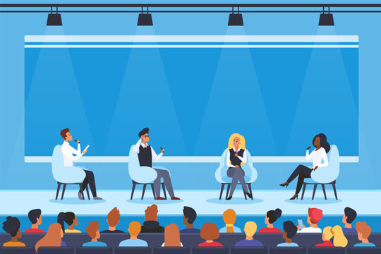 A panel of speakers engaging in a discussion on stage at a conference, with an audience seated in front, emphasizing professional dialogue and exchange of ideas vector illustration.