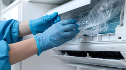 Inspection of Air Conditioner by Worker from Asia