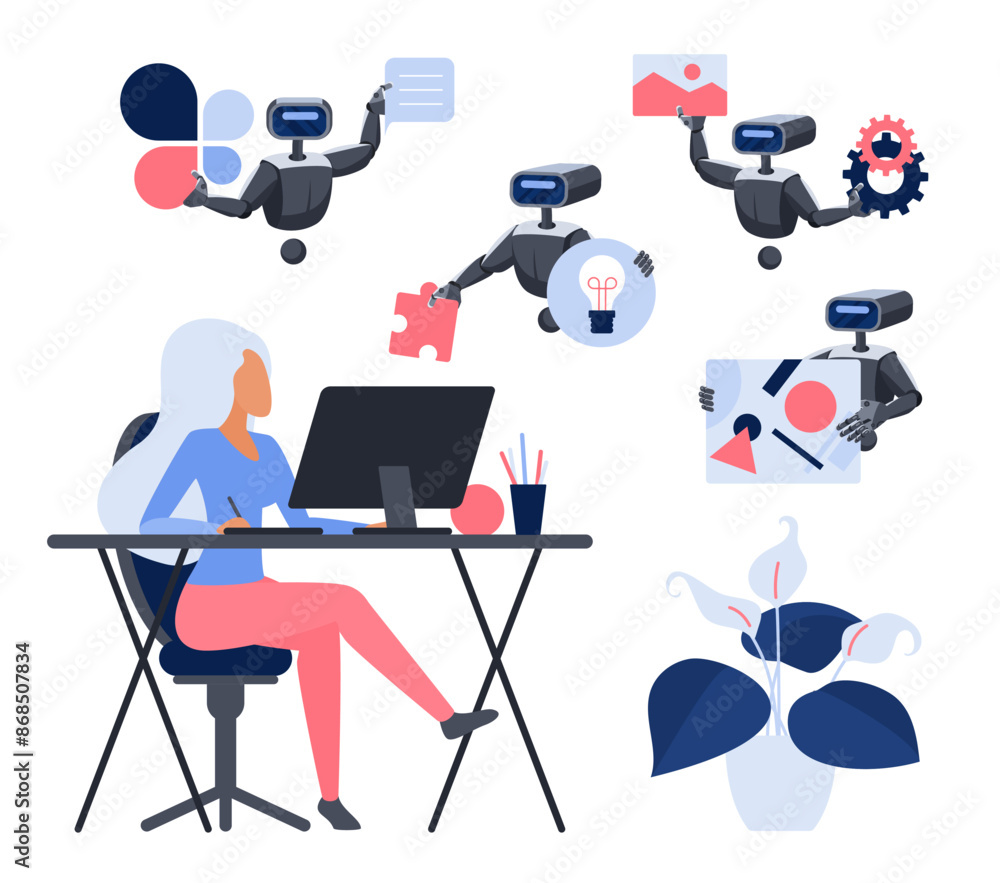 Aufkleber ai assistant support for designer, machine learning. team of robots holding puzzle pieces and light 