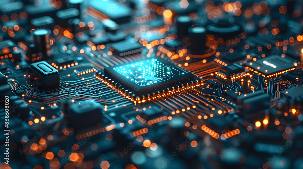 Poster artificial intelligence and ai technology concept processor chip or mother board background llms