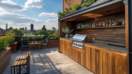 Fototapeta premium outdoor kitchen on a rooftop terrace, featuring a bar and counters clad in treated teak wood, resistant to the elements