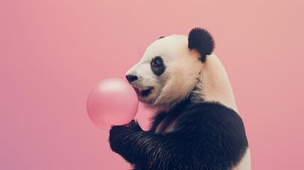 Obraz premium A panda bear is holding a pink balloon in its mouth. The image has a playful and lighthearted mood, as the panda is not a typical animal to be seen holding a balloon