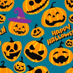 Halloween seamless pattern - creepy pumpkin lanterns with scary faces, traditional holiday halloween symbols ,seamless texture