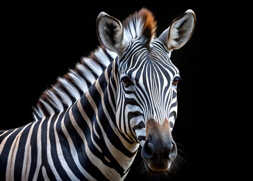 Zebra portrait isolated on black background