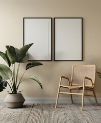 mockup frame in room, framed blank white on the wall above an unmade bed in a hotel room