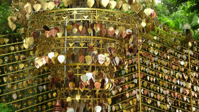 golden leaves with wishes in a Buddhist temple