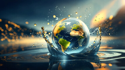 transparent earth globe model on water surface. Water World