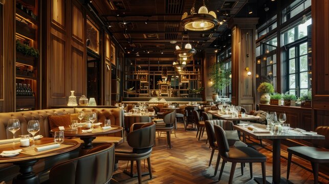 upscale restaurant with artistic wooden cladding and elegant ambiance