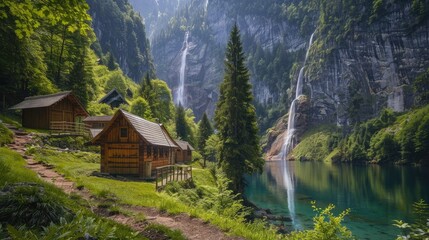 Fototapeta premium A tranquil mountainous view with dense forests, a spectacular waterfall, and a serene lake. Wooden huts and well-maintained paths create a perfect retreat.