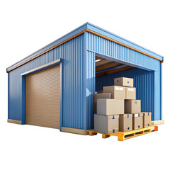 Warehouse building cargo with cardboard box 3d isolated on transparent background
