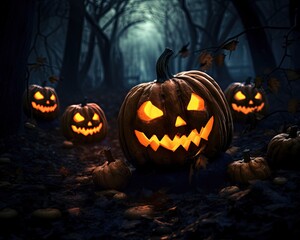 Halloween pumpkins on wood in a spooky forest at night