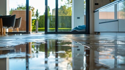 Home floor submerged in water, highlighting water damage