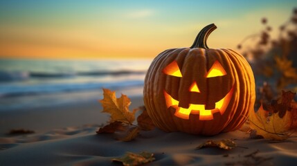Halloween pumpkin with carved face on beach background in the afternoon