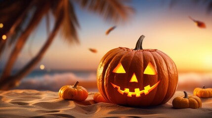 Halloween pumpkin with carved face on beach background in the afternoon