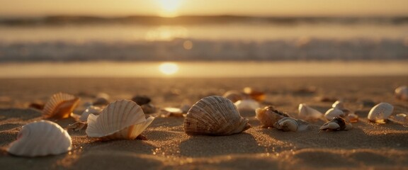 Blank card seashells Golden Hour Magic Close-up shot aged parchm