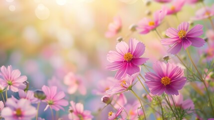 Border of pink cosmos flower in cosmos field in garden with blurry background and soft sunlight for horizontal floral poster. Close up flowers blooming on softness style in spring summer under sunrise