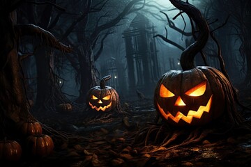 Halloween pumpkins on wood in a spooky forest at night