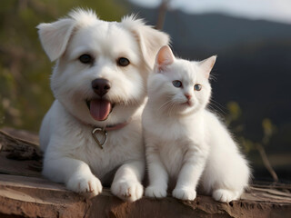 Obraz premium Cute Animal Cat Dog Couple Posing Photography Art