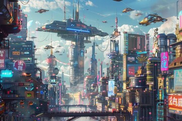 Futuristic Cityscape With Flying Vehicles and Neon Signs