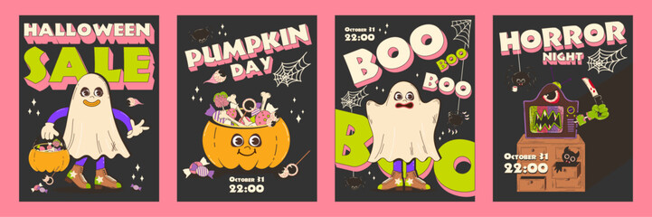 Collection of vertical Halloween posters. Trendy retro groovy style and funny characters in 70s-80s. Funky ghost characters. Funny vector posters set for postcards, flyers Halloween party invitation.
