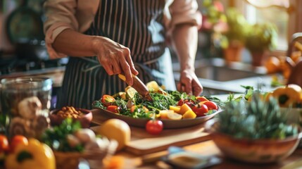 Captivating close-up of a cooking class attendee, skillfully preparing summer dishes, highlighting hands-on practice and vibrant, fresh ingredients.

