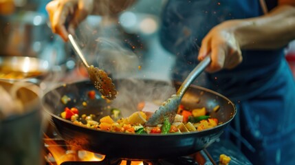 Focused shot of a culinary student in action, mastering the art of summer recipes in a lively, interactive cooking class, surrounded by fresh produce.
