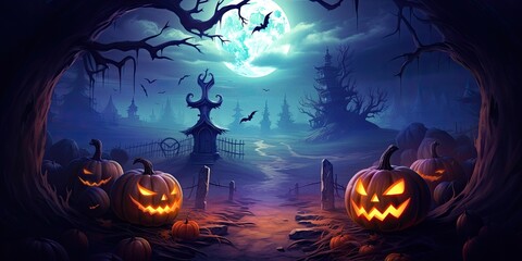 Horror Halloween background with autumn valley with woods pumpkins and spider web space for text