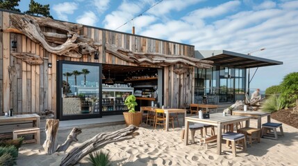 Obraz premium beachfront cafe with exterior cladding made from weather-resistant driftwood, providing a natural, relaxed vibe