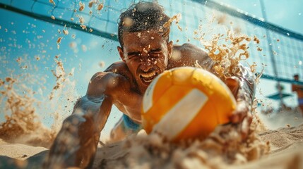 Close-up of a beach volleyball player, intense and ready, diving for the ball with sand flying, capturing the excitement and energy of the tournament.
