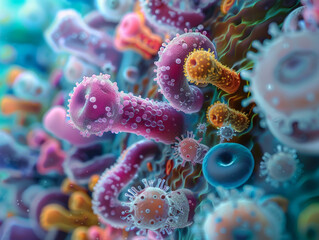 Colorful Microscopic View of Bacteria and Viruses
