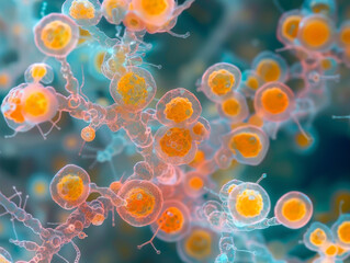 Microscopic View of Orange and Blue Cells