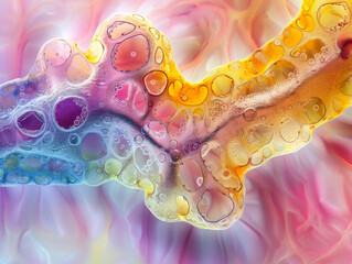 Vibrant abstract image of oil and water mixture creating colorful patterns with bubbles and textures on a smooth background.