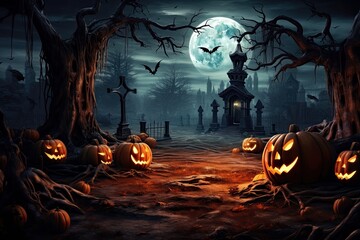 Horror Halloween background with autumn valley with woods pumpkins and spider web space for text