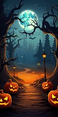 Fototapeta premium Horror Halloween background with autumn valley with woods pumpkins and spider web space for text