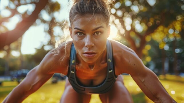 A close-up of a participant in an outdoor fitness bootcamp, engaged in a high-energy workout session set against a scenic park backdrop.
