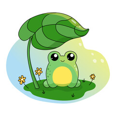 Cute smiling frog baby under a leaf. Kawaii character. A wonderful color illustration in a cartoon style for print design, kids wear, book design and postcards.