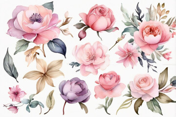 Watercolor Bouquet of flowers, isolated, white background, red roses and green leaves