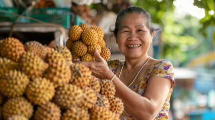 Smiling female vendor picking up bunch of longan at market stall