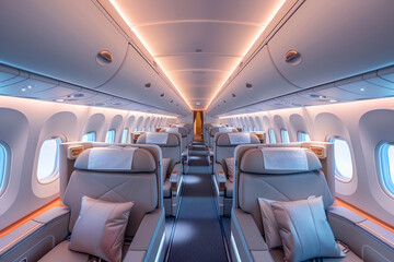 Business class interior, comfortable seat and luxury cabin, first-class flight and commercial airplane.