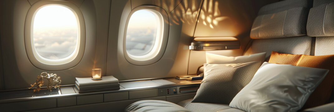 Business class interior, private jet with leather armchairs, relaxation during a corporate trip