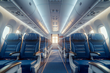 Naklejka premium Business class interior, airplane seats with luxurious design, enjoying a peaceful trip in the sky.