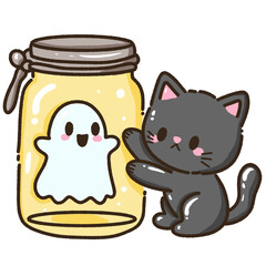 Hand drawn illustration kawaii black cat halloween themed locked the ghost in a bottle