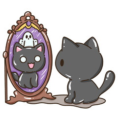 Hand drawn illustration kawaii black cat halloween themed looking at itself in the mirror seeing a little ghost 