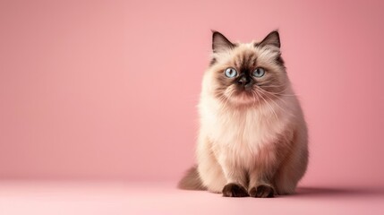 Fototapeta premium Portrait photography of a cute little Himalayan cat happy smiling , studio shot isolated on single color background ,editorial style, shoot by DSLR .