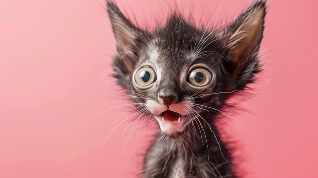 Portrait photography of a cute little Lykoi cat happy smiling , studio shot isolated on single color background ,editorial style, shoot by DSLR .
