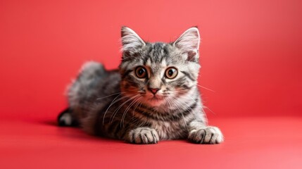 Obraz premium Portrait photography of a cute little American Shorthair cat happy smiling , studio shot isolated on single color background ,editorial style, shoot by DSLR .