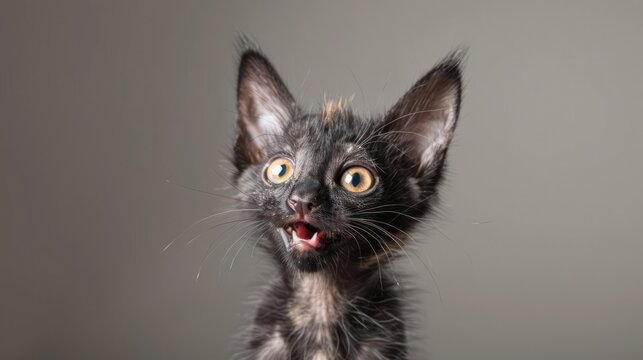 Portrait photography of a cute little Lykoi cat happy smiling , studio shot isolated on single color background ,editorial style, shoot by DSLR .
