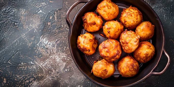 Image of traditional Portuguese codfish fritters on a textured background. Concept Food Photography, Portuguese Cuisine, Authentic Dishes, Textured Backgrounds