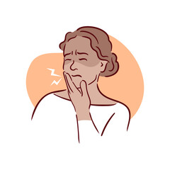 Young black woman having painful toothache. A girl with bad teeth clutches her cheek. Acute pain. Pulpitis, caries. Hand drawn vector illustration in sketch style.
