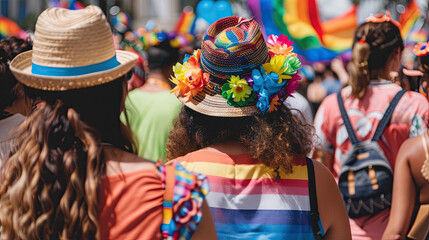 A joyful crowd at a Pride Month event wearing colorful, LGBTQ+